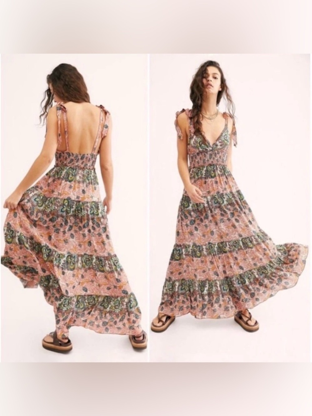 Free People Bohemian Let's Smock About It Floral Maxi Dress Beach Resort XS